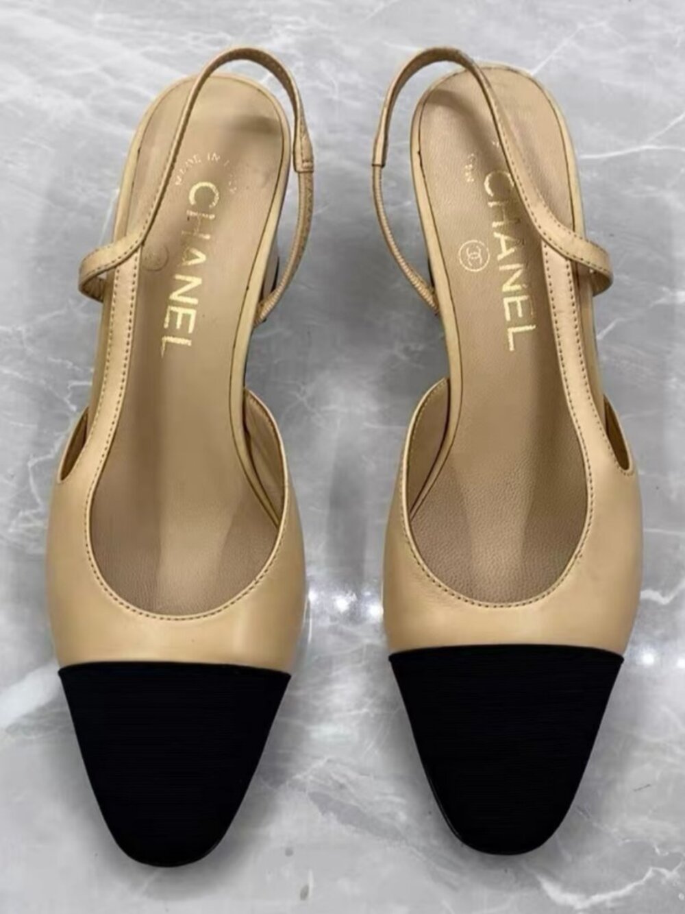Chanel Beige Black Cap Toe Slingback Pumps Leather Heels
